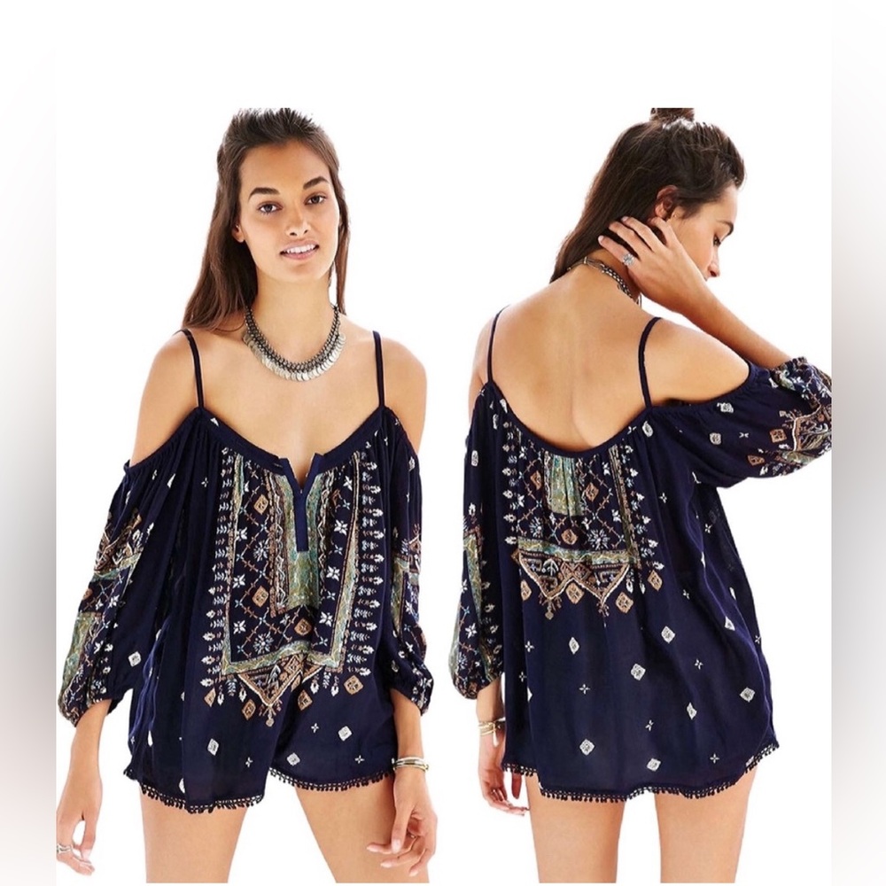 Ecote Pom Pom Trim Cold Shoulder Blouse